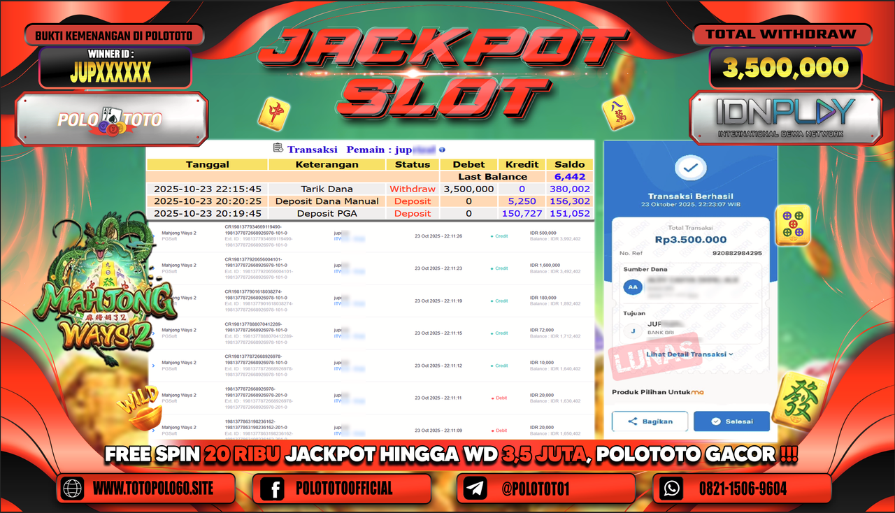POLOTOTO JACKPOT SLOT MAHJONG WAYS 2 Rp.3.500.000,- LUNAS
