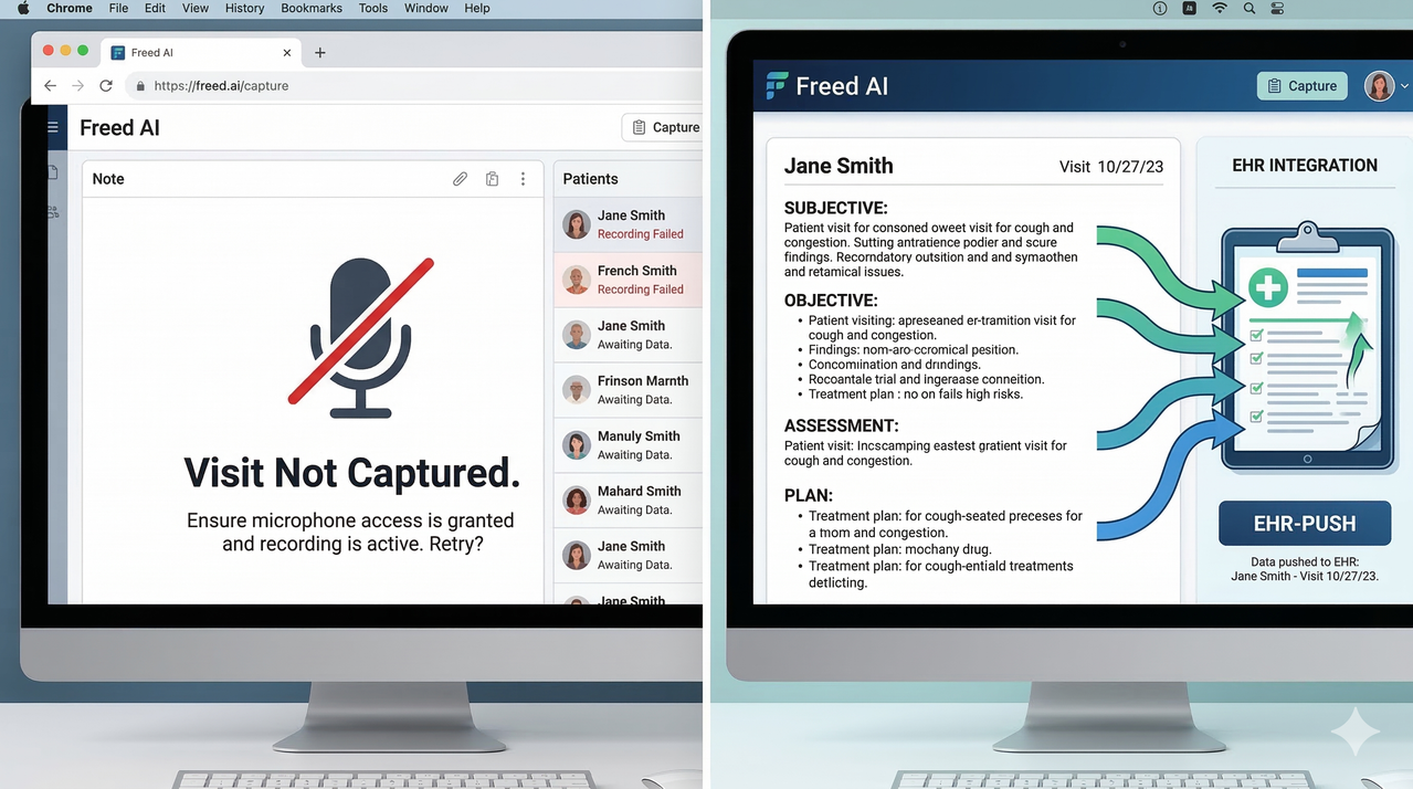 Split-screen comparison: left shows empty Freed AI note with Visit Not Captured error and muted mic; right shows clean SOAP-style clinical note with EHR push arrows