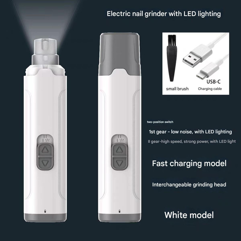 White Quiet Electric Pet Nail Grinder with LED Light - 2-Speed USB-C Rechargeable Trimmer for Dogs & Cats Grooming