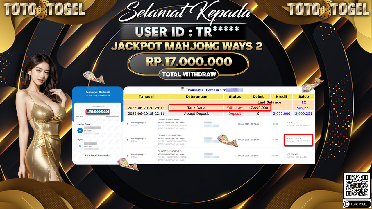 Bukti Pembayaran Jackpot Permainan Slot Mahjong Ways 2 ID:TR***** LUNAS