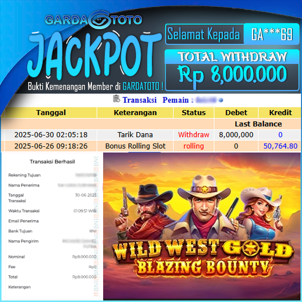 JACKPOT DI PERMAINAN  SLOT PRAGMATIC PLAY Wild West Gold Blazing Bounty WD Rp 8.000.000,- DIBAYAR LUNAS GARDATOTO MANTAP !
