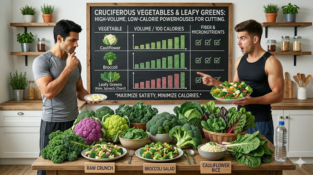 Assortment of cruciferous vegetables including cauliflower, broccoli, and leafy greens for best high-volume low-calorie foods for cutting