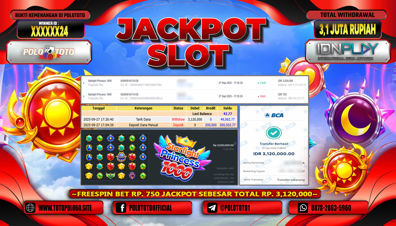 POLOTOTO JACKPOT SLOT STARLIGHT PRINCESS 1000 Rp.3.100.000,- LUNAS
