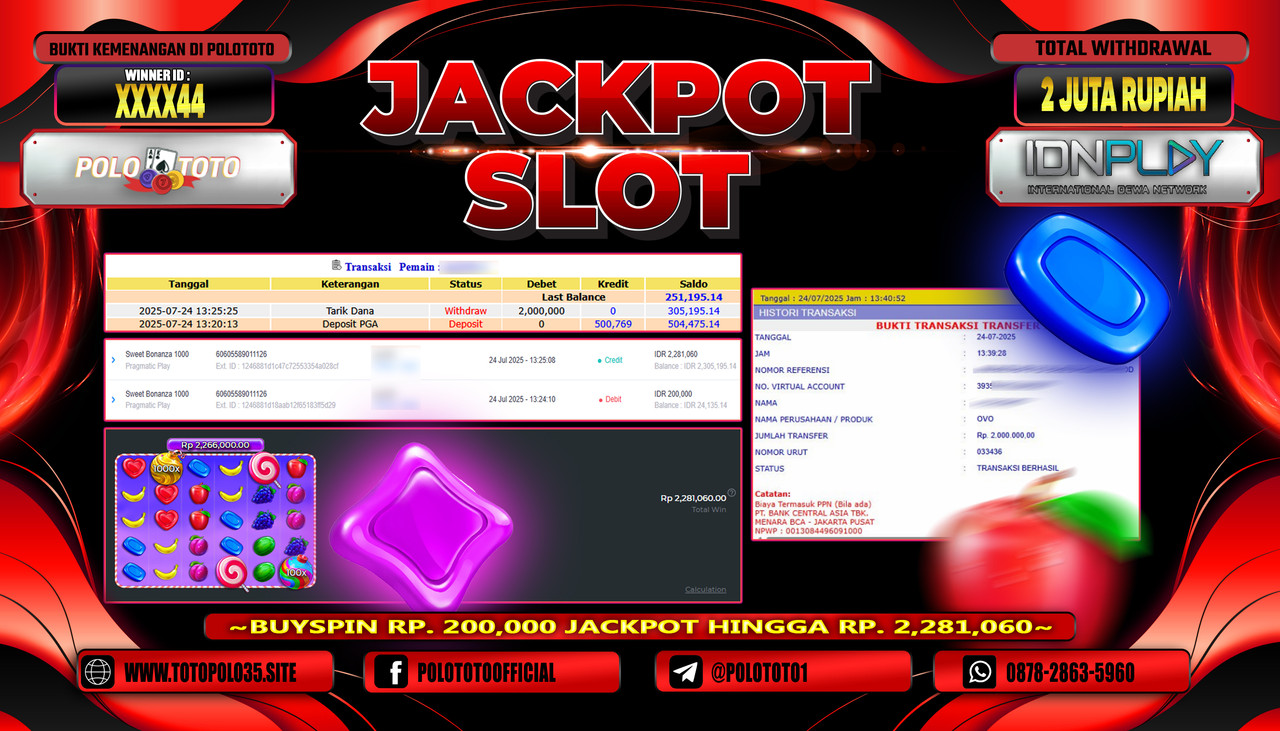 POLOTOTO JACKPOT SLOT SWEET BONANZA 1000 Rp.2.000.000,-