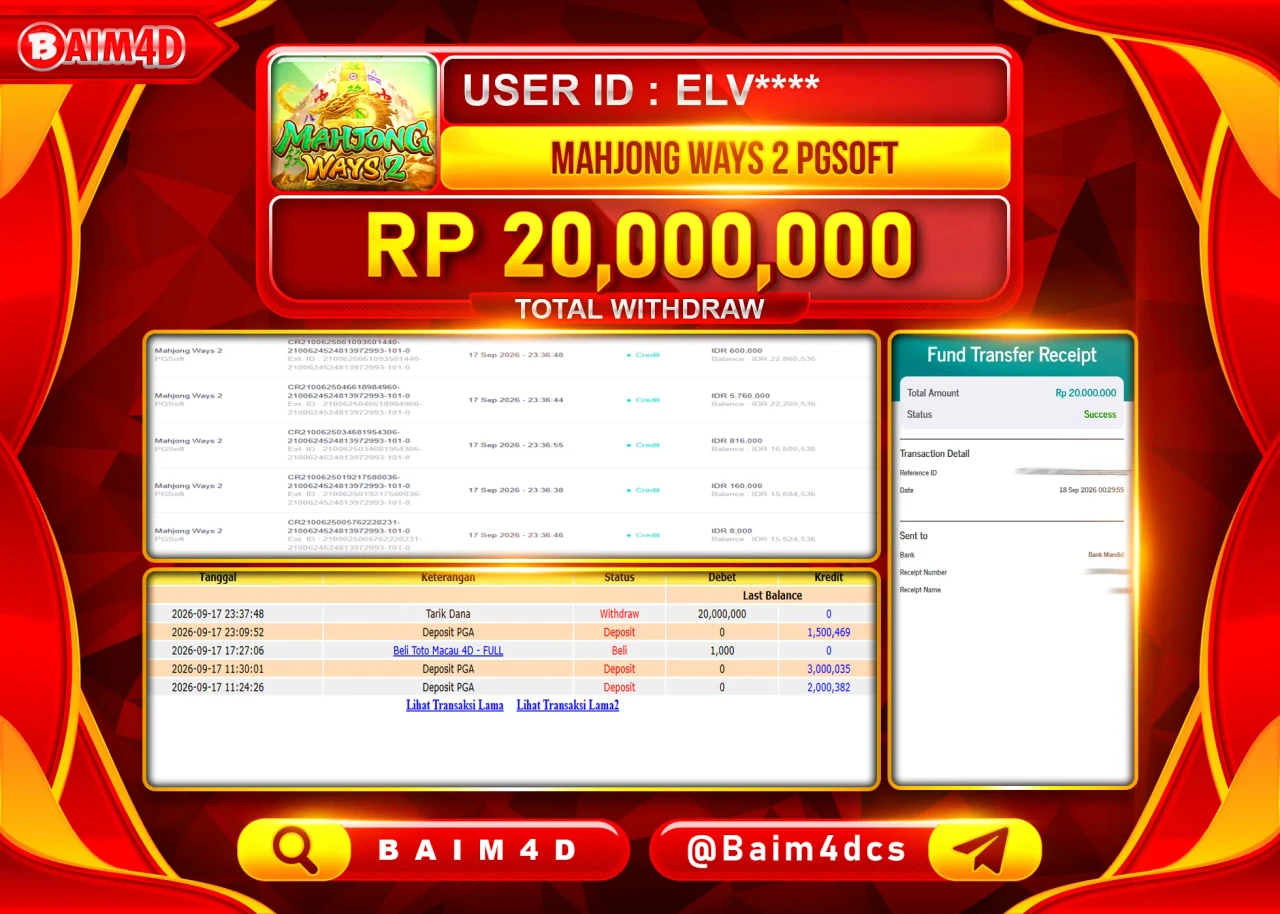 BAIM4D JACKPOT SLOT MAHJONG WAYS 2 PG SOFT Rp.20,000,000 - LUNAS