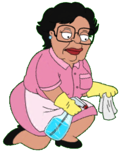 transparent cutout of consuela from family guy using a rag and kneeling to clean something