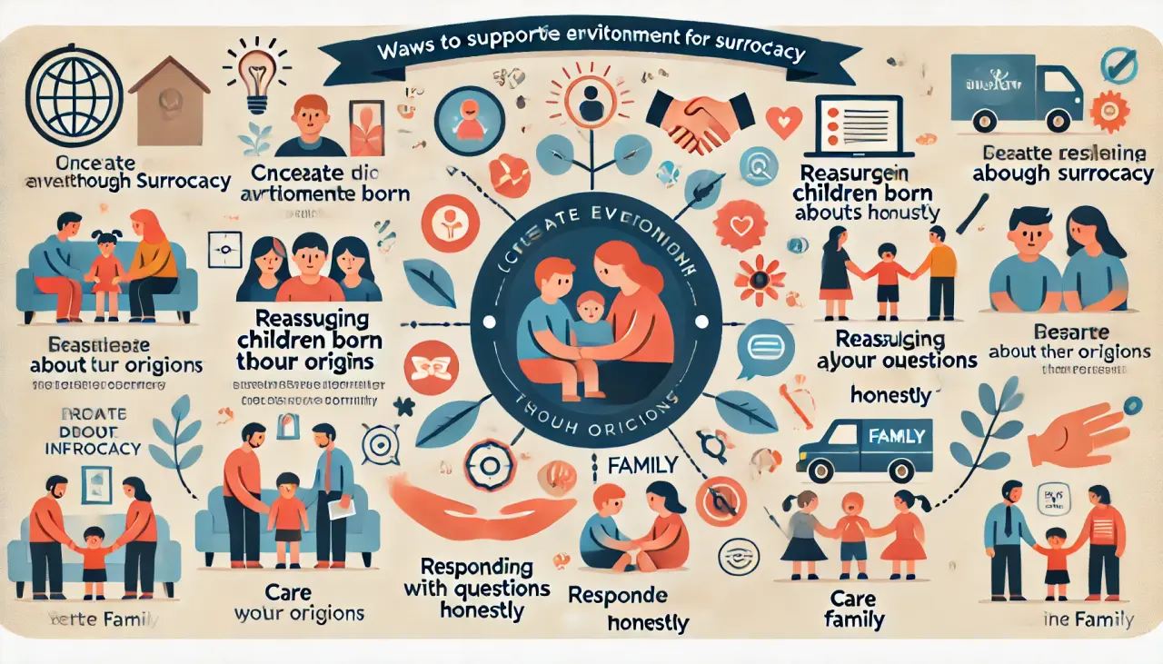 Infographic showing how to create a supportive environment for children born through surrogacy.