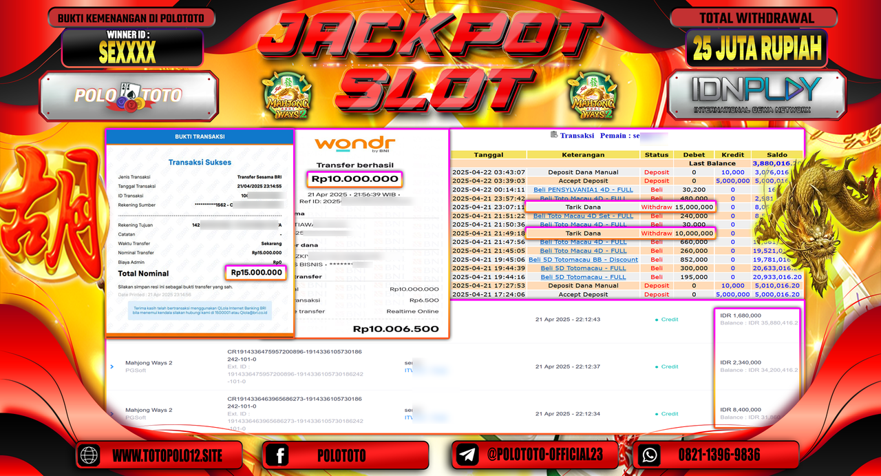 POLOTOTO JACKPOT SLOT MAHJONG WAYS 2 Rp.25.000.000,-