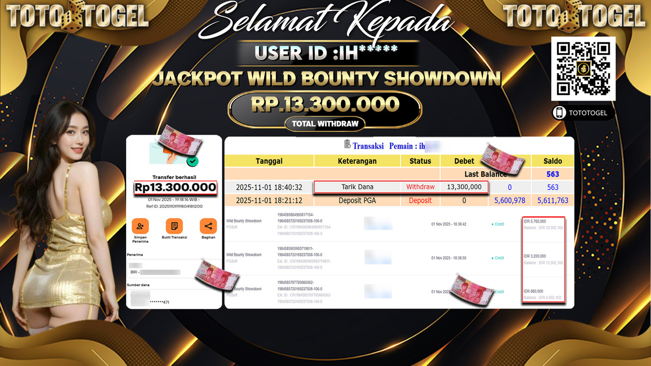 Bukti Pembayaran Jackpot Permainan Slot Wild Bounty ShowDown ID:IH**** LUNAS