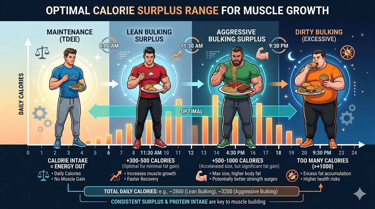 Chart showing optimal calorie surplus range of 250-500 calories for muscle growth, illustrating daily calories bulking and calorie surplus muscle growth