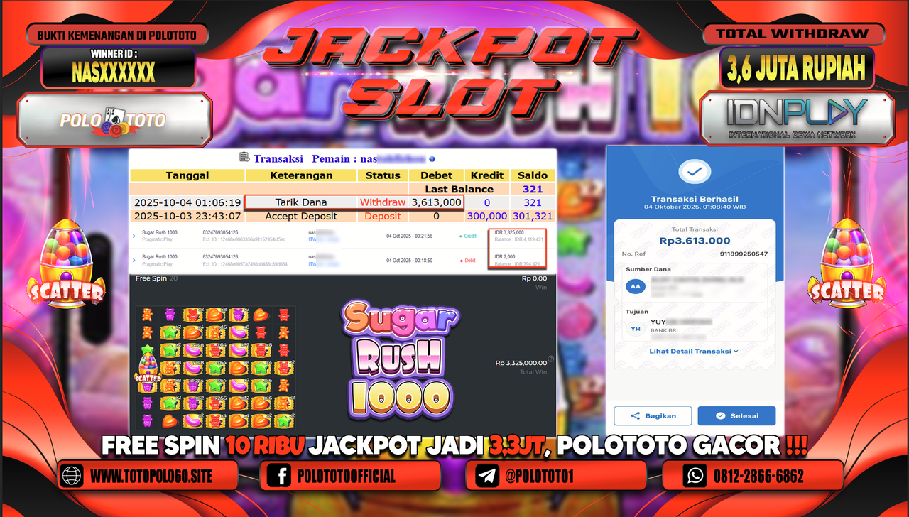 POLOTOTO JACKPOT SLOT SUGAR RUSH 1000 Rp.3.600.000,- LUNAS