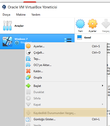 Virtualbox kaydedildi durumundan vazgeç
