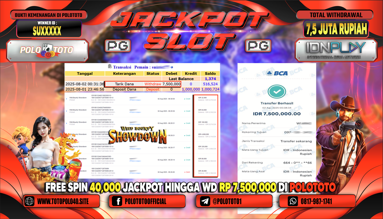 POLOTOTO JACKPOT SLOT WILD BOUNTY SHOWDOWN Rp.7.500.000,-LUNAS