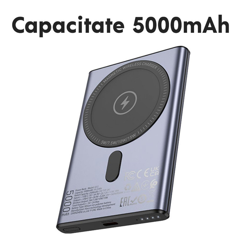 Baterie externa cu incarcare wireless Hoco Q32, PD20W, 1xUSB-C, Magnetica, 5000mAh, Incarcare rapida, Gri Baterie Magnetica HOCO Q32 Incarcare Wireless 5000mah Indicator LED Negru 5