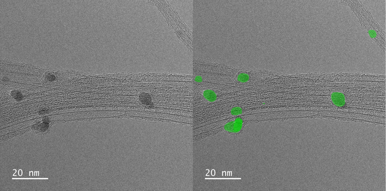 The trained AI model identifying particles on a new TEM image