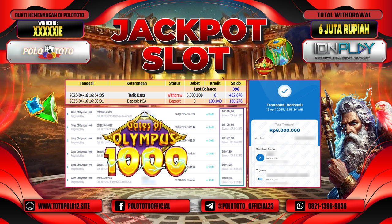 POLOTOTO JACKPOT SLOT GATES OF OLYMPUS 1000 Rp.6.000.000,-