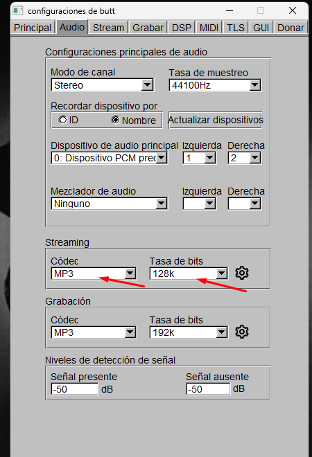 Configuración de Streaming en BUTT resaltando Códec MP3 y Tasa de bits 128k