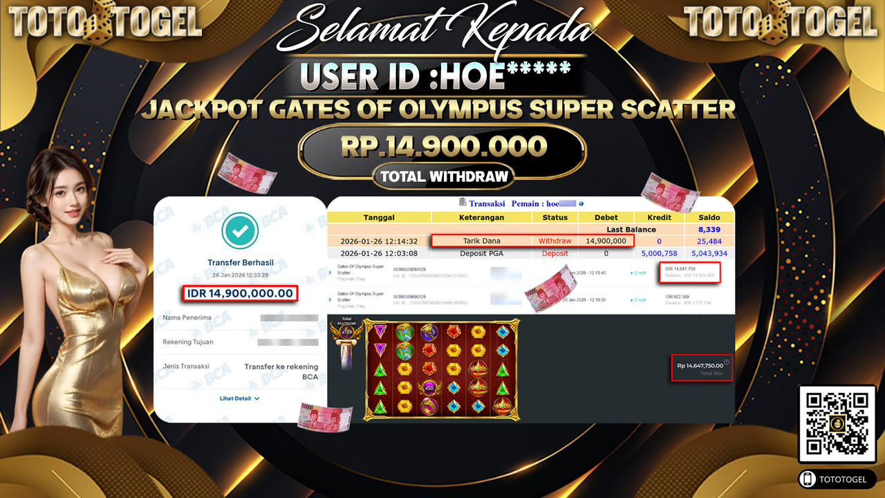 Bukti Pembayaran Jackpot Permainan Slot Gates Of Olympus Super Scatter ID:HOE*****LUNAS