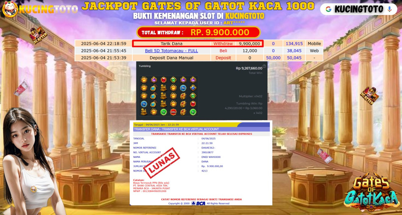 KUCINGTOTO JACKPOT SLOT GATES OF GATOT KACA 1000 RP.9.900.000.,- LUNAS