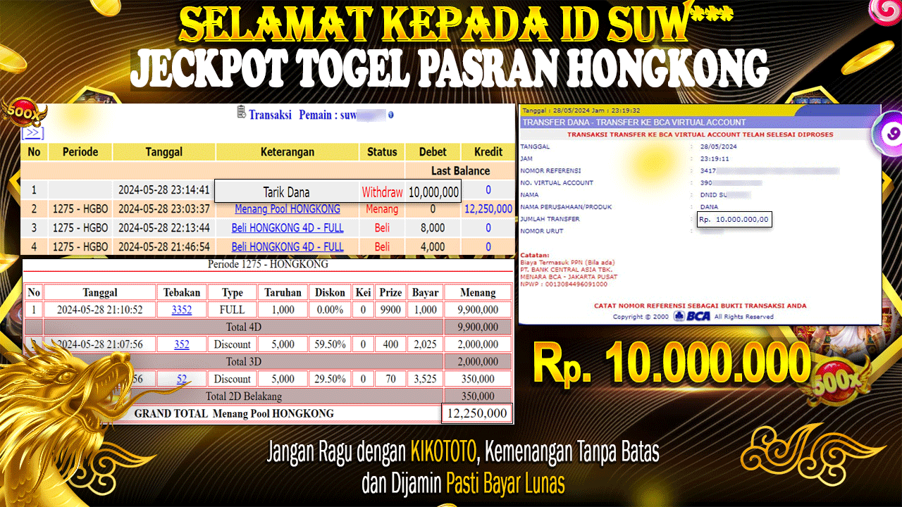 JECKPOTT !!! MENANG BESAR DI TOGEL PASARAN HONGKONG SEBESAR Rp 10,000,000 LANGSUNG DI BAYAR KIKOTOTO !!!!