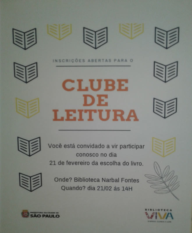 Cartaz de convite para a primeira escolha de titulo para leitura no Clube de Leitura. 2019