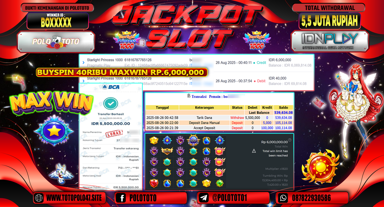 POLOTOTO JACKPOT SLOT STARLIGHT PRINCESS 1000 Rp.5.500.000,-