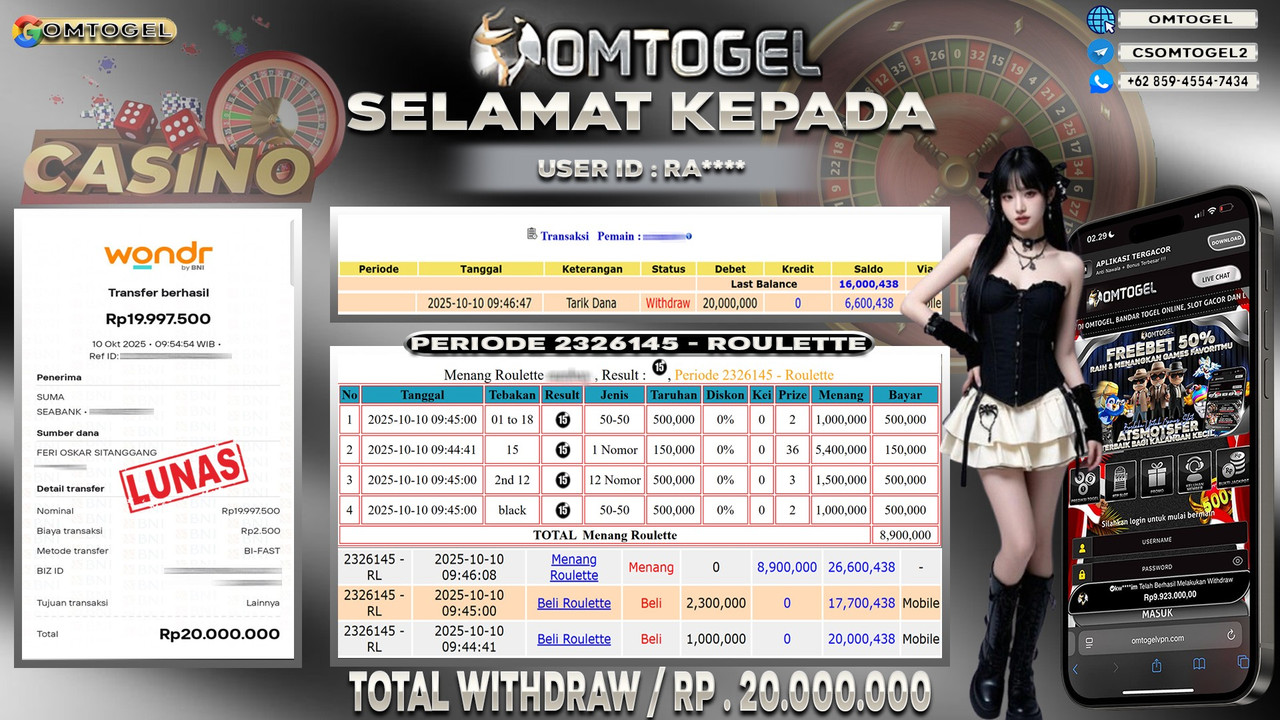 OMTOGEL JACKPOT LIVE GAMES ROULETTE 20 JUTA DI BAYAR LUNAS ,-