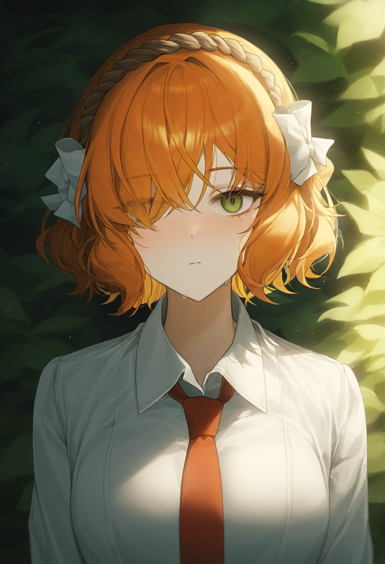 depth of field, 1girl, ishmael (limbus company), short hair, orange hair, {{gree s-625599060