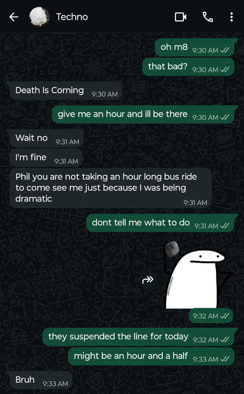 Screenshot of a whatsapp conversation between Techno and Phil Phil: oh mate Phil: that bad? Techno: Death Is Coming  Phil: give me an hour and ill be there Techno: Wait no  Techno: I'm fine  Techno: Phil you are not taking an hour long bus ride to come see me just because I was being dramatic  Phil: dont tell me what to do  Phil sends a sticker of a stick figure throwing a rock Phil: they suspended the line for today  Phil: might be an hour and a half  Techno: Bruh