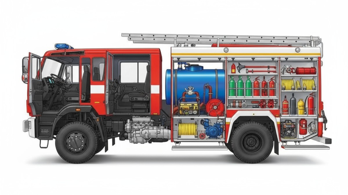 Пожарная автоцистерна КамАЗ в разрезе с видимым насосным оборудованием и цистерной