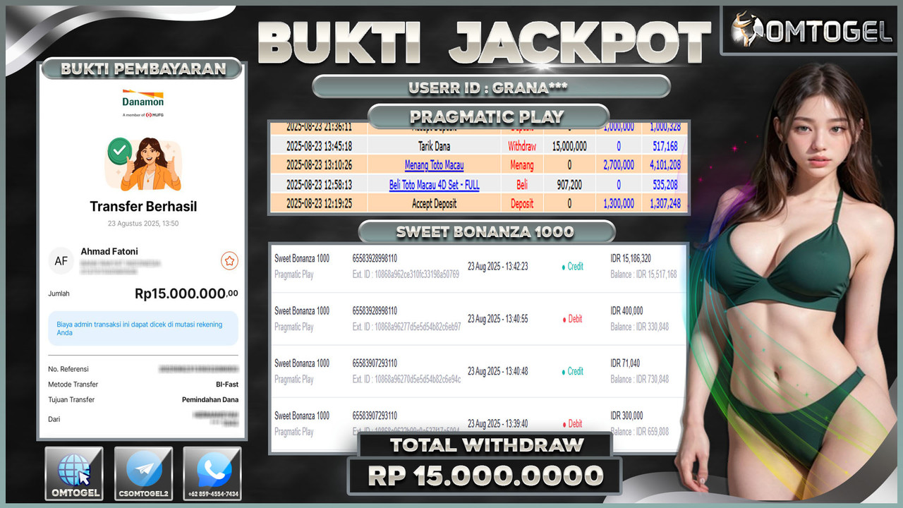 OMTOGEL JACKPOT PRAGMATIC PLAY SWEET BONANZA 1000 15 JUTA DI BAYAR LUNAS ,-