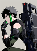 black hair, cyberpunk, teenage, 1 boy, assault rifle, green bridge, black eye, c s-808557504