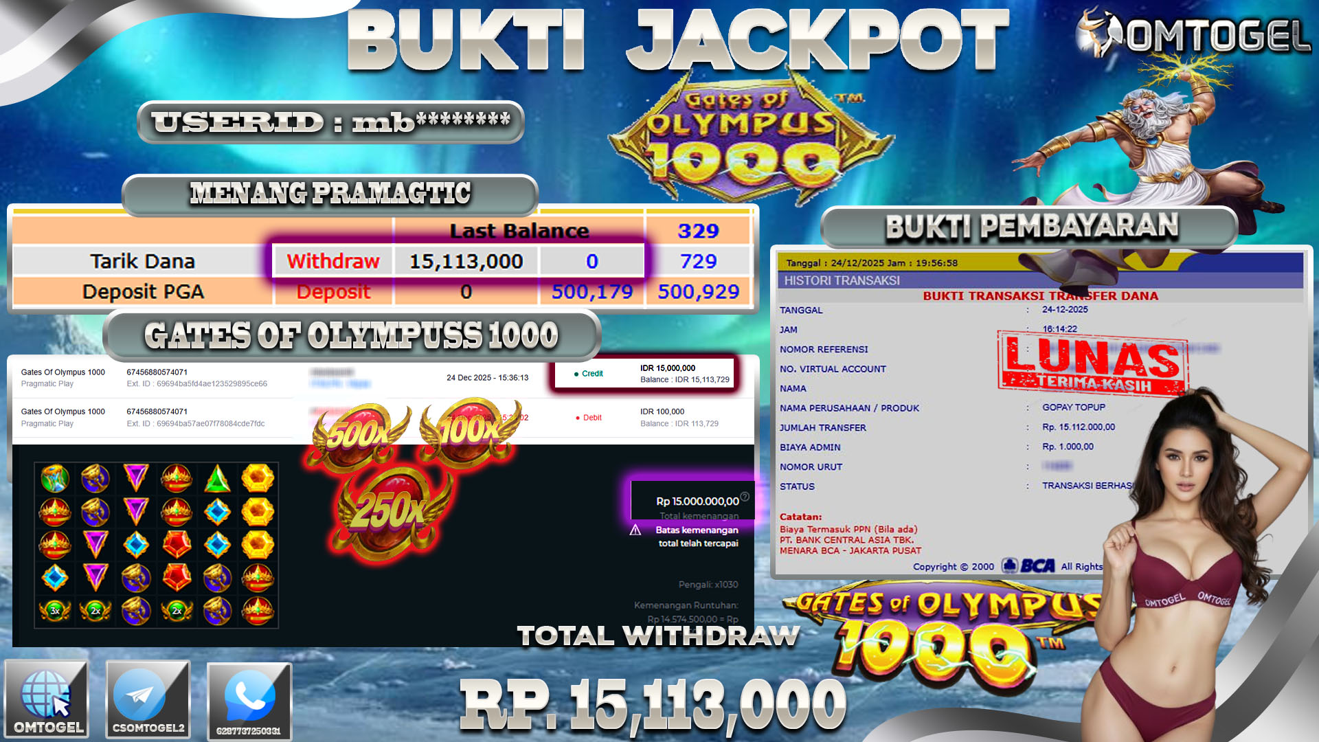 OMTOGEL JACKPOT PRAGMATIC PLAY GATES OF OLYMPUS 1000 , 15  JUTA DI BAYAR LUNAS ,-