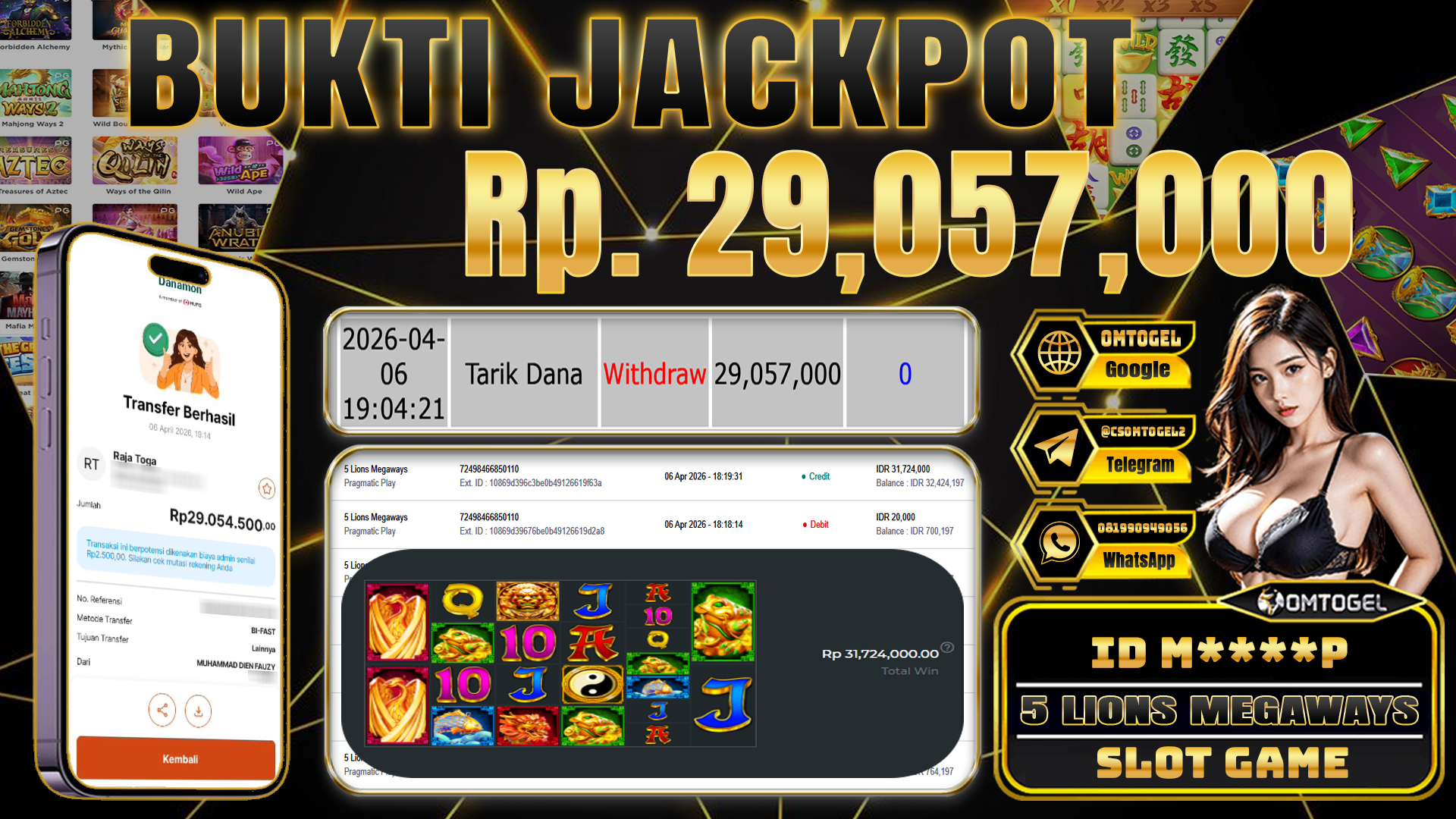 OMTOGEL JACKPOT PRAGMATIC PLAY 5 LIONS MEGAWAYS, 29 JUTA DI BAYAR LUNAS ,-