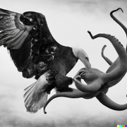 DALL·E 2022-08-01 16.38.13 - A bald eagle battling an octopus in the style of 1950's film
