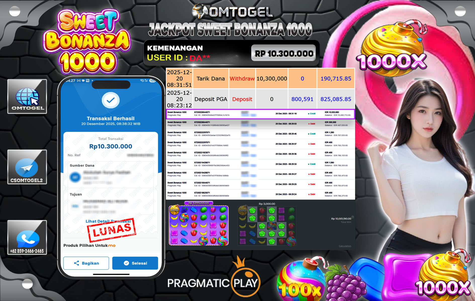 OMTOGEL JACKPOT PRAGMATIC PLAY SWEET BONANZA 1000 ,10 JUTA DI BAYAR LUNAS ,-