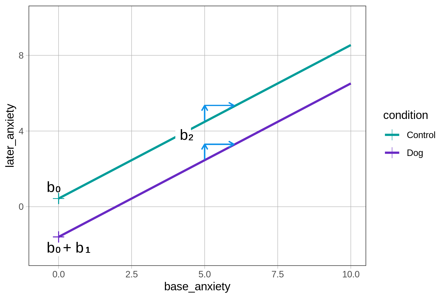 Jitter plot of later_anxiety predicted by base_anxiety, but without any data points. Only the regression lines for the additive model are represented. The lines are parallel. The intercept of the top line for the control condition is labeled b-sub-zero, and the slope of both lines is labeled as b-sub-2. The intercept of the bottom line for the dog condition is labeled as b-sub-zero plus b-sub-one.