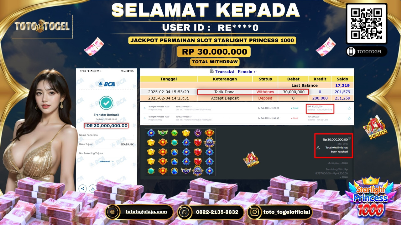 Bukti Pembayaran Jackpot  Permainan Slot Starlight Princess  1000  ID:RE****0  LUNAS