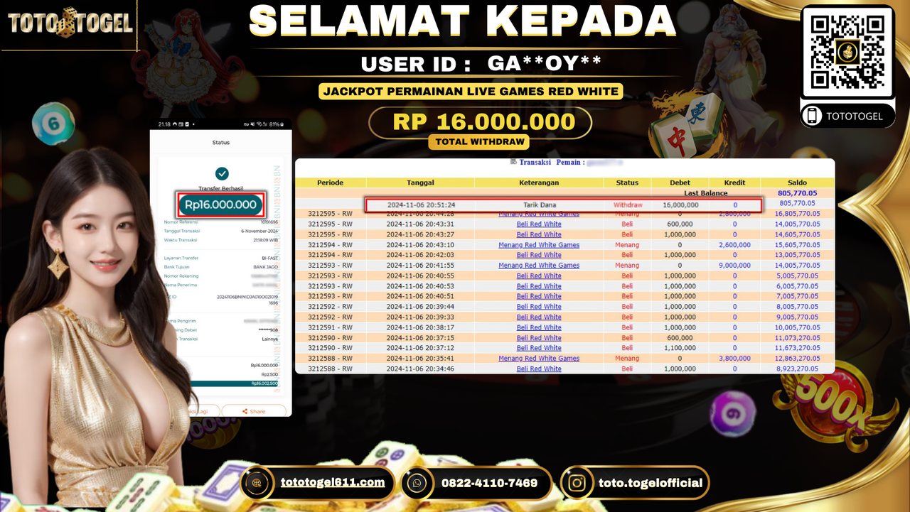 Bukti Pembayaran Jackpot Permainan Live Game Red White  ID:GO**OY** LUNAS 