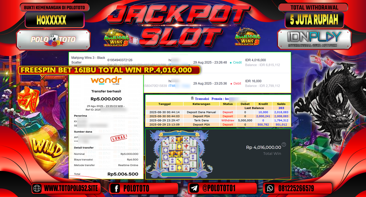 POLOTOTO JACKPOT SLOT MAHJONG WINS 3-BLACK SCATTER Rp.5.000.000,-