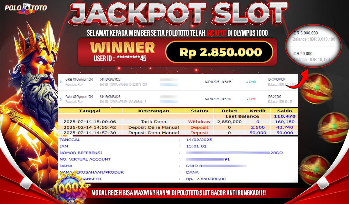 POLOTOTO JACKPOT SLOT GATES OF OLYMPUS 1000 Rp.2.850.000,-
