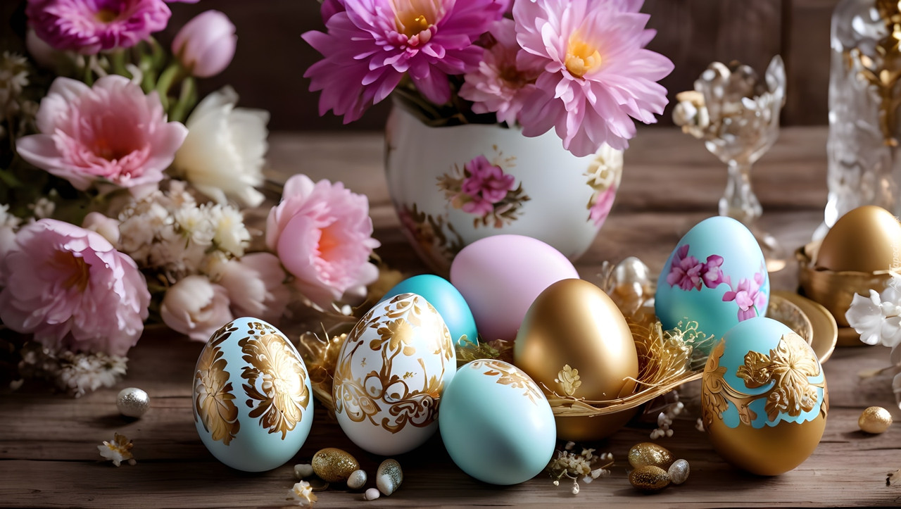tapeta-ozdobne-pisanki-i-kolorowe-kwiaty-na-blacie