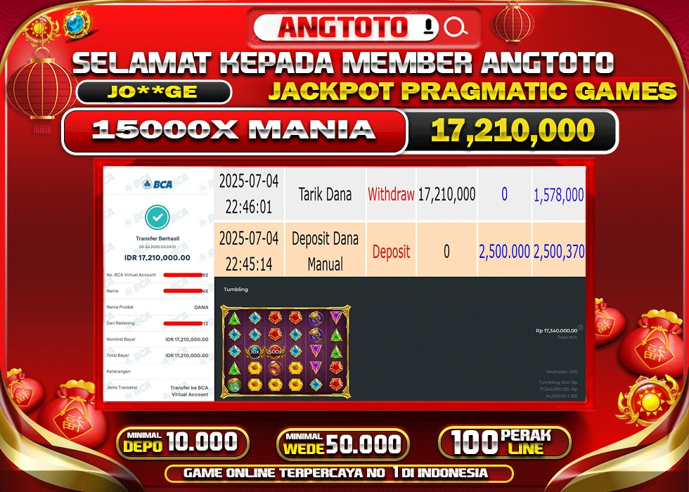 BUKTI PELUNASAN 4 JULY 2025 MENANG DI PERMAINAN 15.000X MANIA TOTAL WD 17 JUTAAN