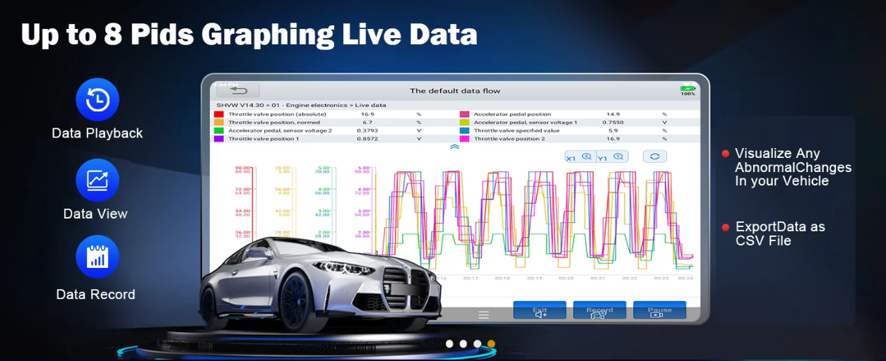 XTOOL scanner live PID graphing data playback and CSV export