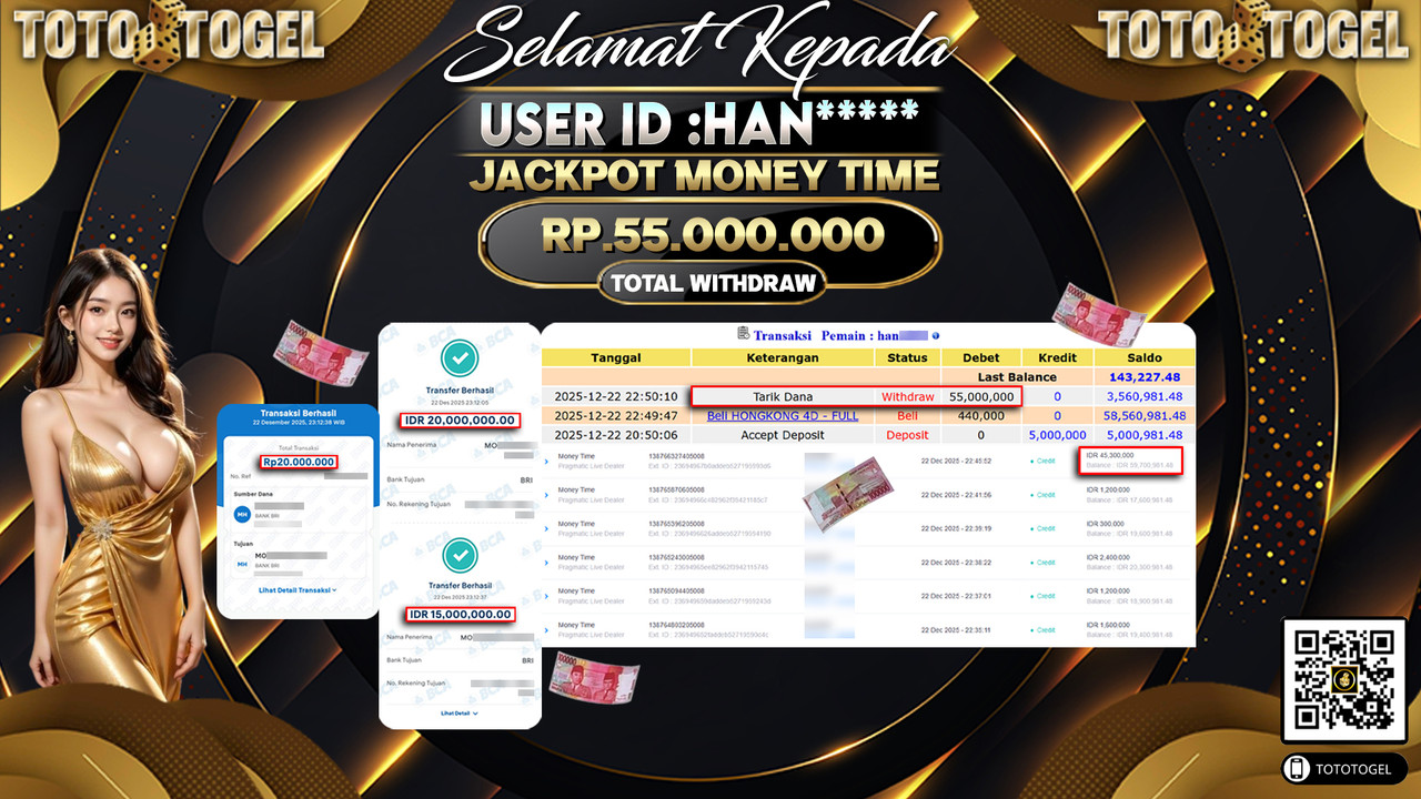 Bukti Pembayaran Jackpot Permainan Pragmatic Live Money Time ID:HAN**** LUNAS