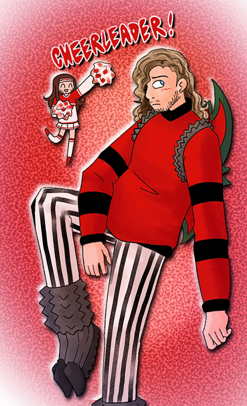 a drawing on a red halftone background of kenny omega frowning, dressed as porter robinson from the cheerleader music video. in the top left is a chibi version of matt jackson in the cheerleader outfit, smiling and posing with pom poms. white and red bubble letters above the two read 'cheerleader!'