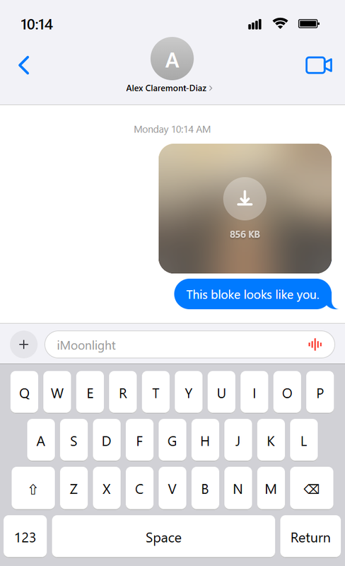 An image containing a coded iOS-style text message. It says that the time is 10:14 and shows a text to a contact called Alex Claremont-Diaz. It has an image and a text message from around Monday 10:14 AM. Henry: This bloke looks like you.
