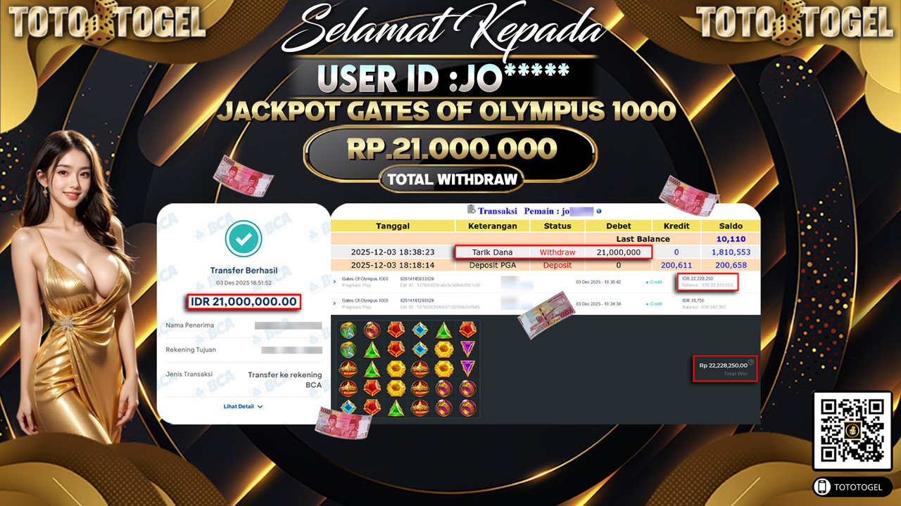 Bukti Pembayaran Jackpot Permainan Slot Gates Of Olympus 1000 ID:JO***** LUNAS