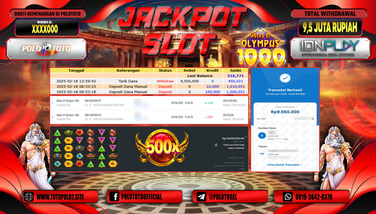 POLOTOTO JACKPOT SLOT GATES OF OLYMPUS 1000 Rp.9.550.000,-