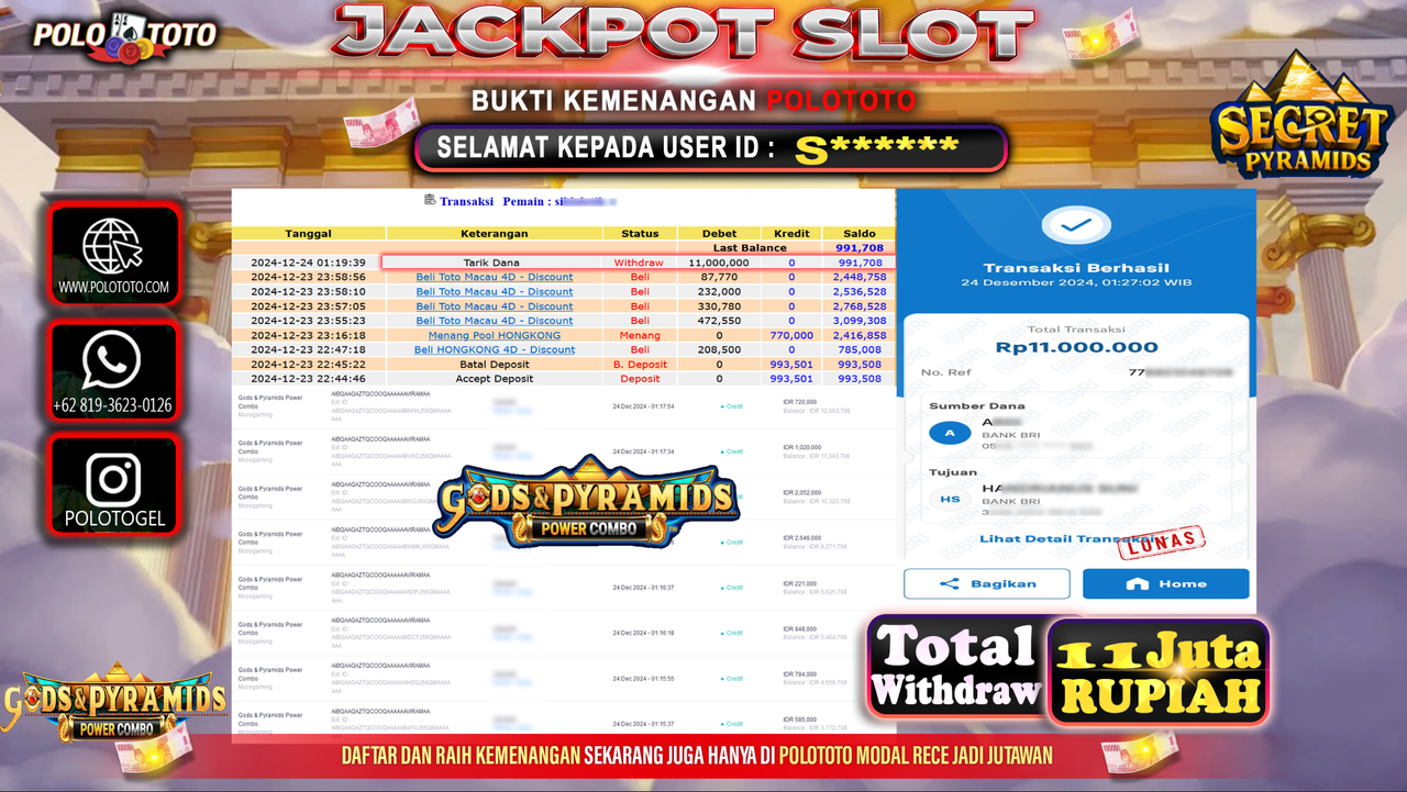 POLOTOTO JACKPOT SLOT GODS & PYRAMIDS POWER COMBO Rp.11,000.000,-